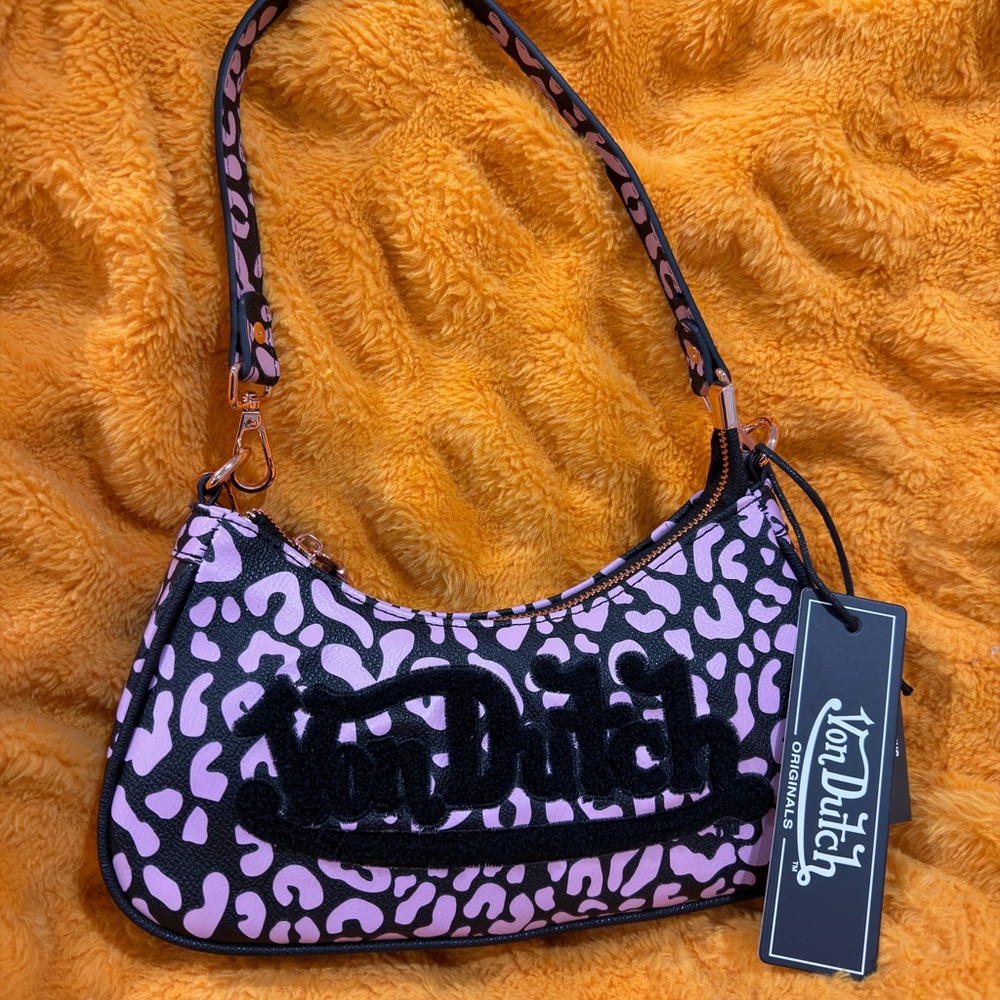 Von Dutch Black and Pink Leopard Shoulder Bag